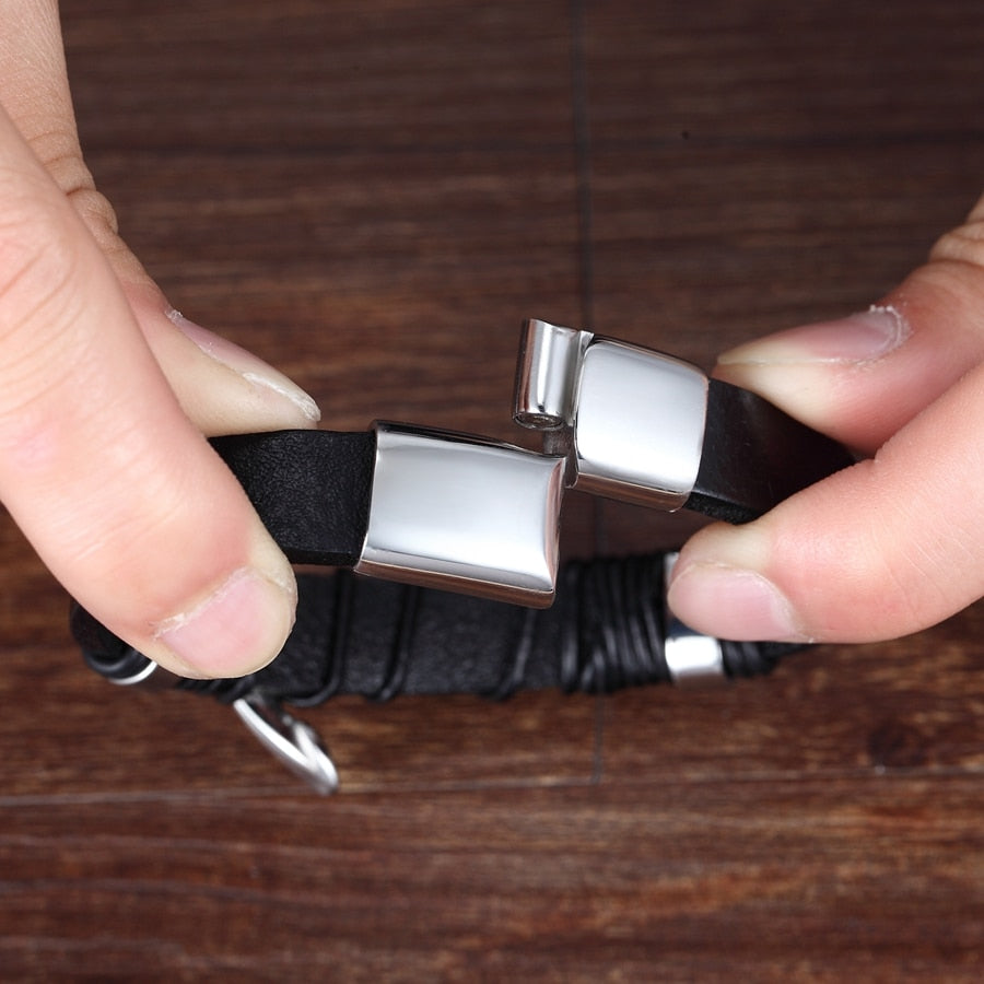 Multicolor Cross Design Stainless Steel Leather Bracelet