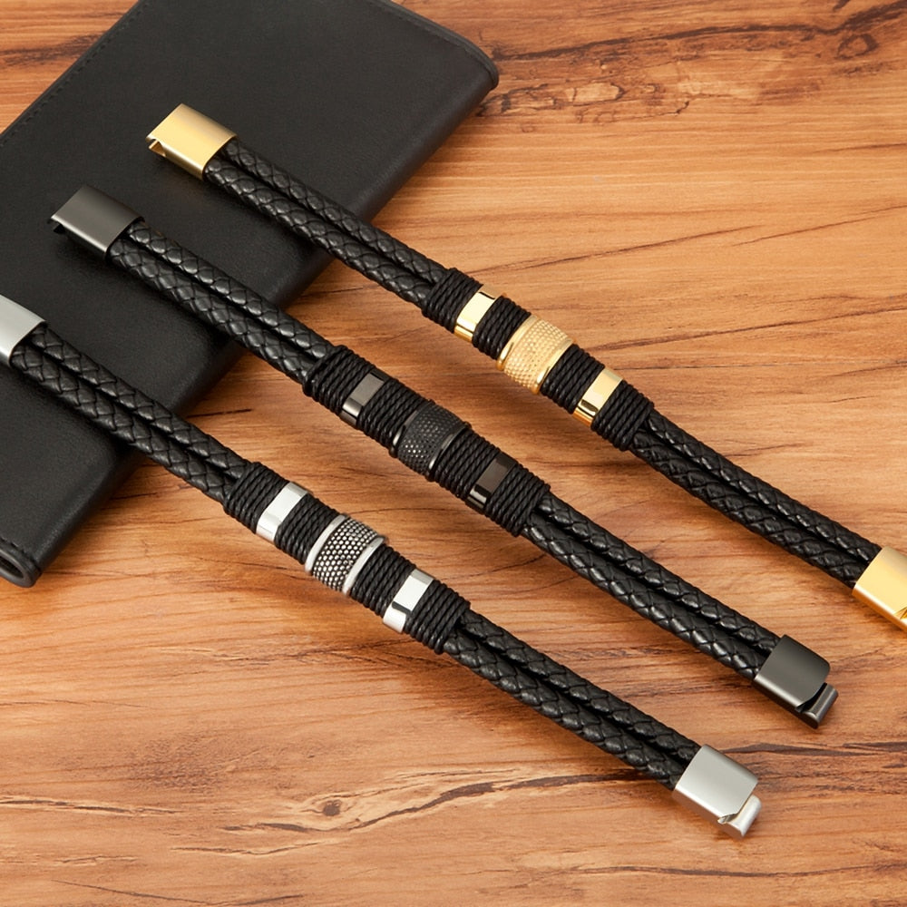 Woven Leather Bracelet with Stainless Steel Accents