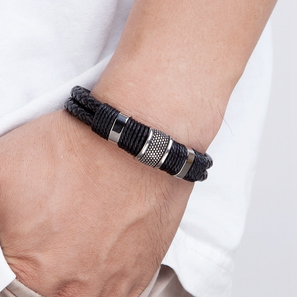 Woven Leather Bracelet with Stainless Steel Accents