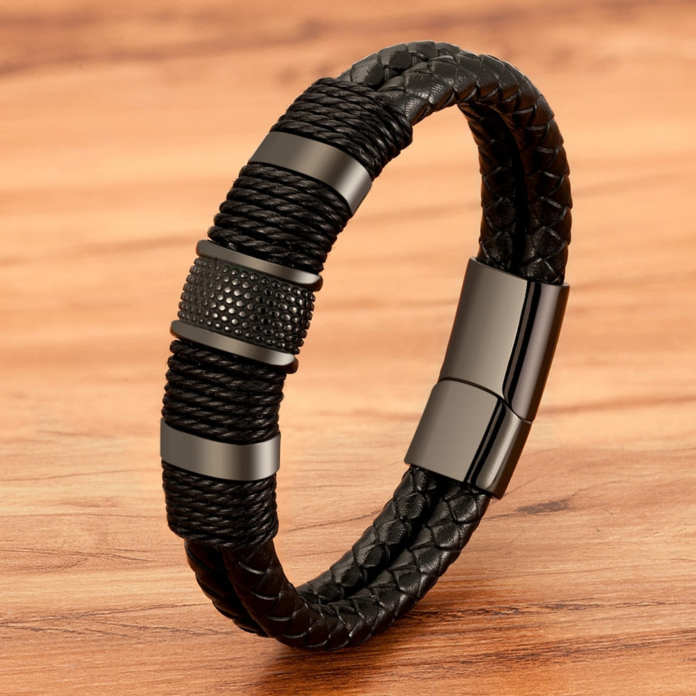 Woven Leather Bracelet with Stainless Steel Accents