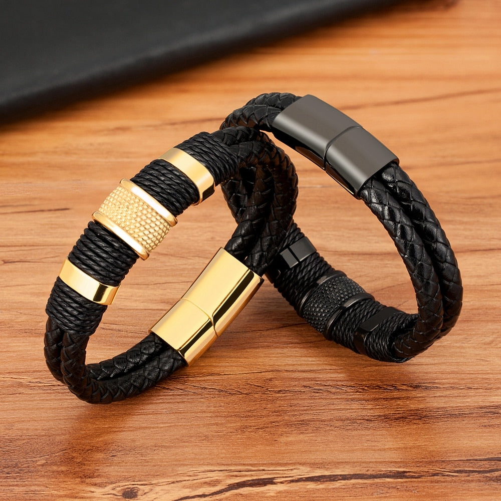 Woven Leather Bracelet with Stainless Steel Accents
