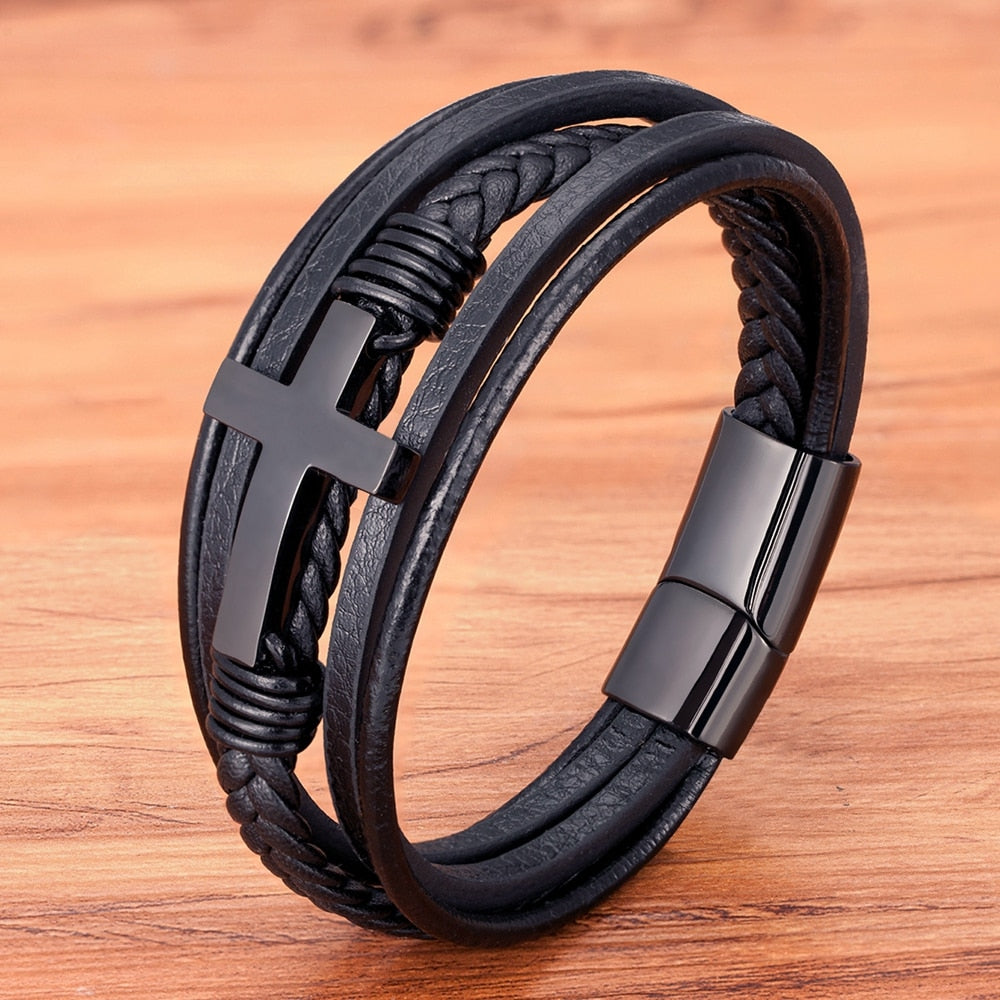 Multicolor Cross Design Stainless Steel Leather Bracelet