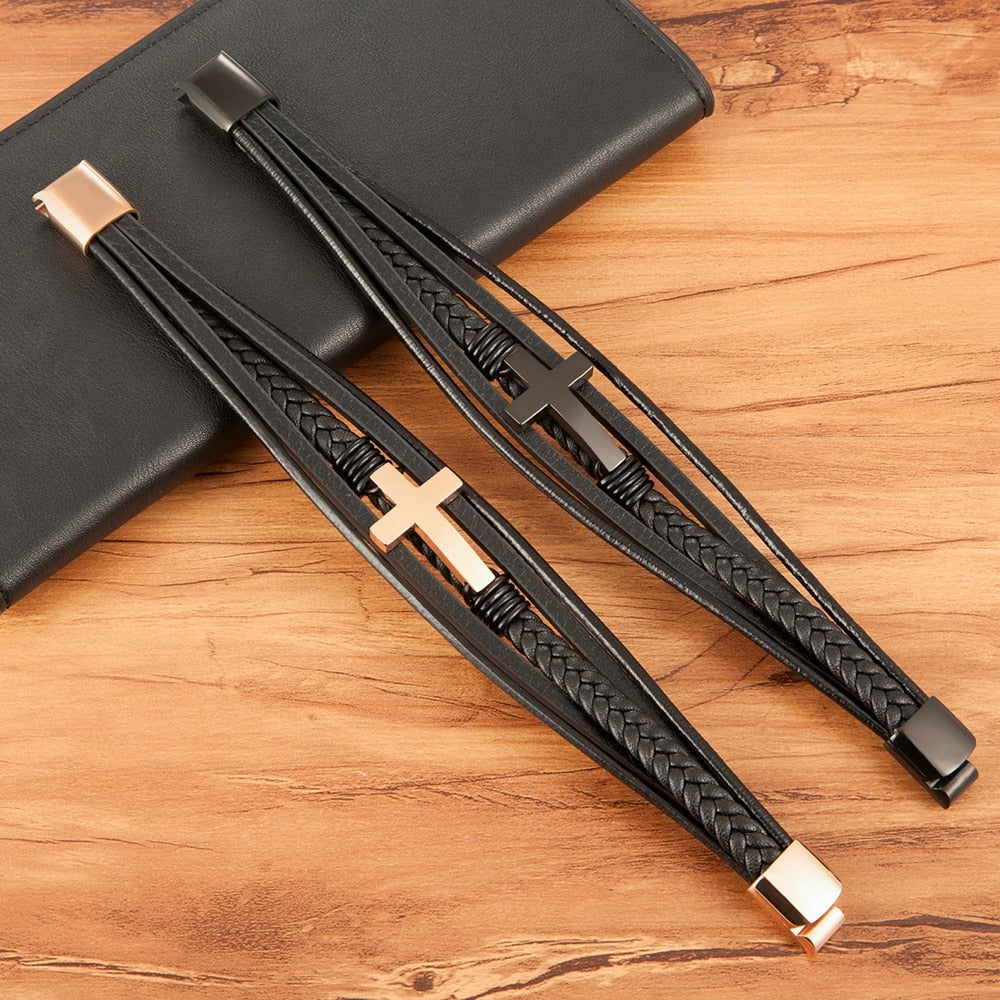 Multicolor Cross Design Stainless Steel Leather Bracelet