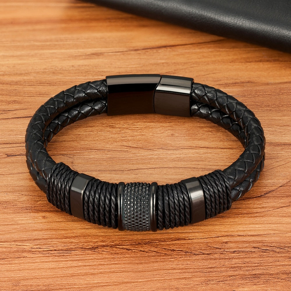 Woven Leather Bracelet with Stainless Steel Accents