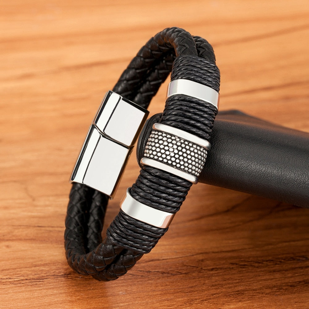Woven Leather Bracelet with Stainless Steel Accents