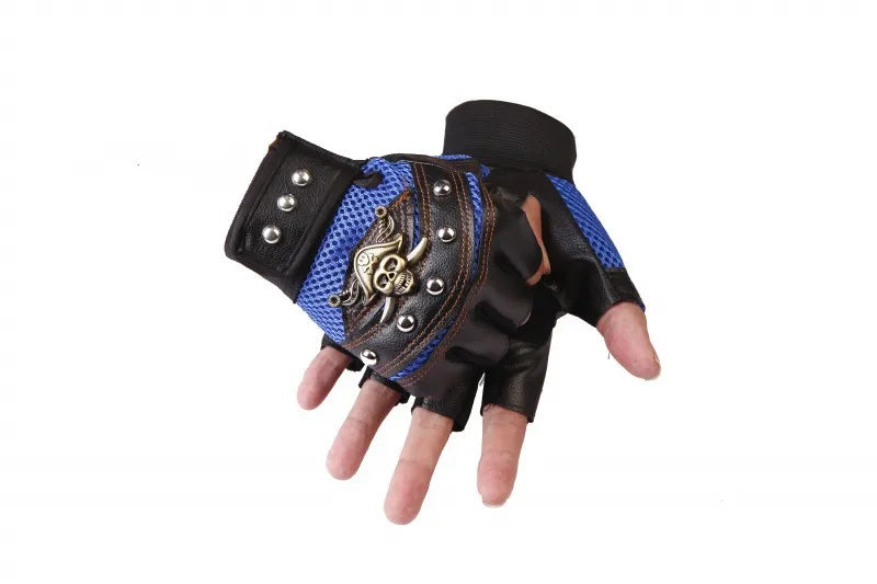 Leather Fingerless Gloves with Skulls and Rivets for Edgy Fashion Enthusiasts