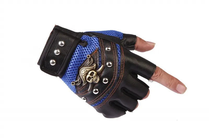 Leather Fingerless Gloves with Skulls and Rivets for Edgy Fashion Enthusiasts