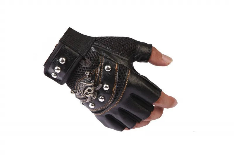 Leather Fingerless Gloves with Skulls and Rivets for Edgy Fashion Enthusiasts
