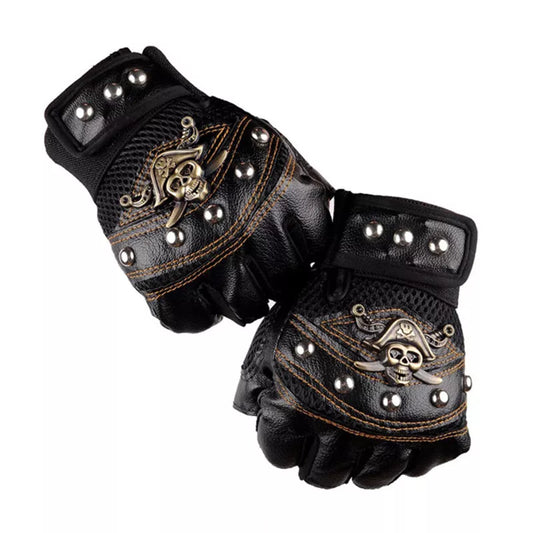 Leather Fingerless Gloves with Skulls and Rivets for Edgy Fashion Enthusiasts